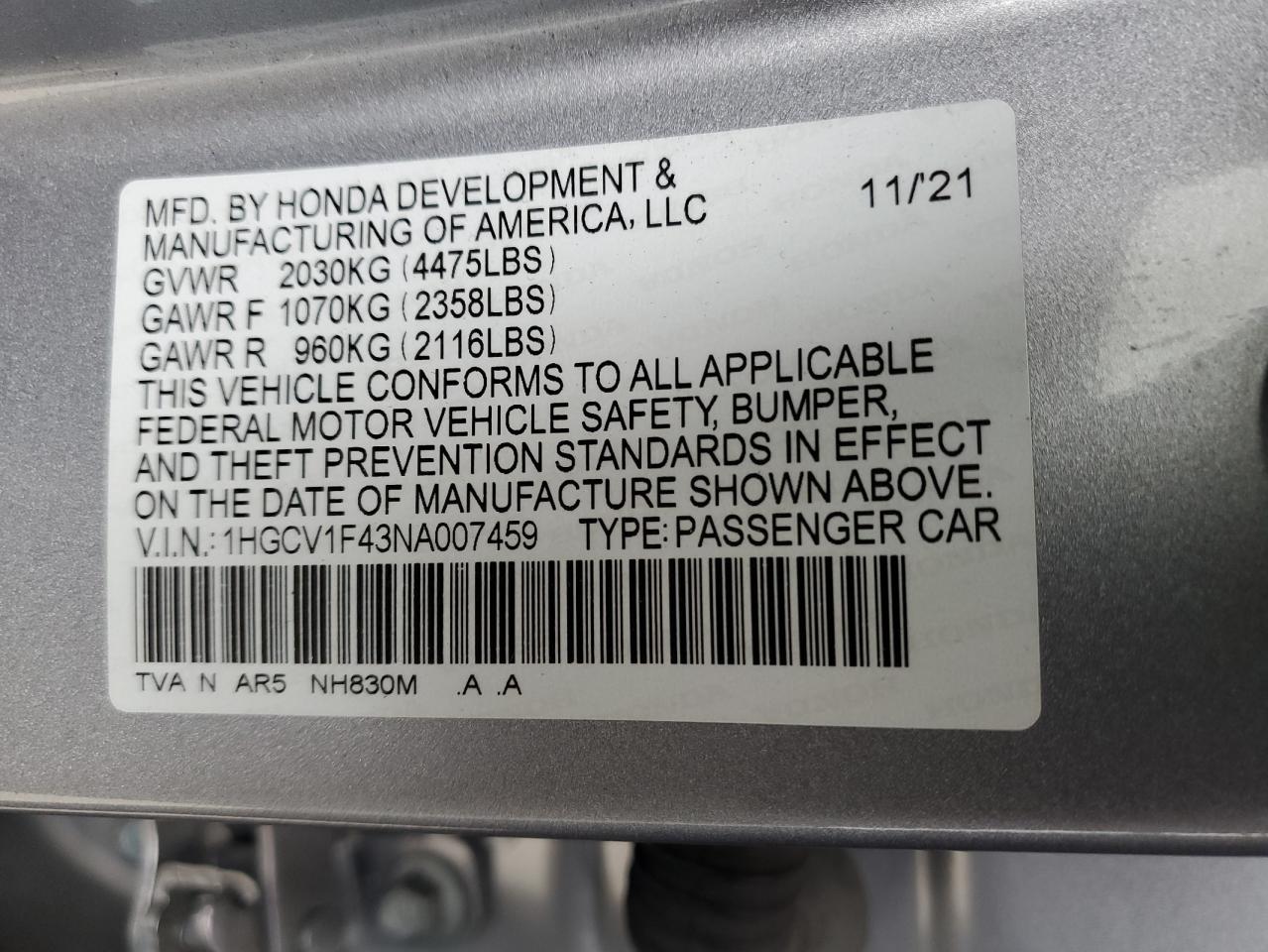 1HGCV1F43NA007459 2022 Honda Accord Sport Se