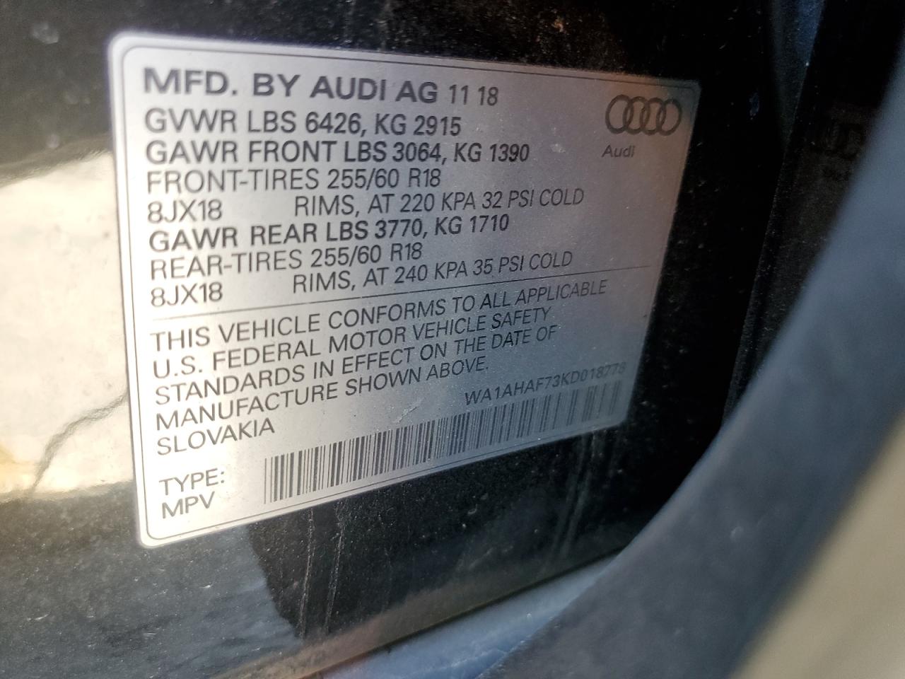 WA1AHAF73KD018778 2019 Audi Q7 Premium