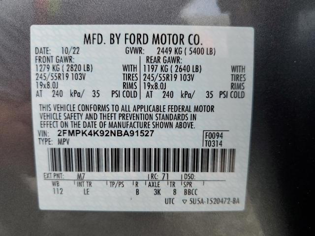 2022 Ford Edge Titanium VIN: 2FMPK4K92NBA91527 Lot: 53830264