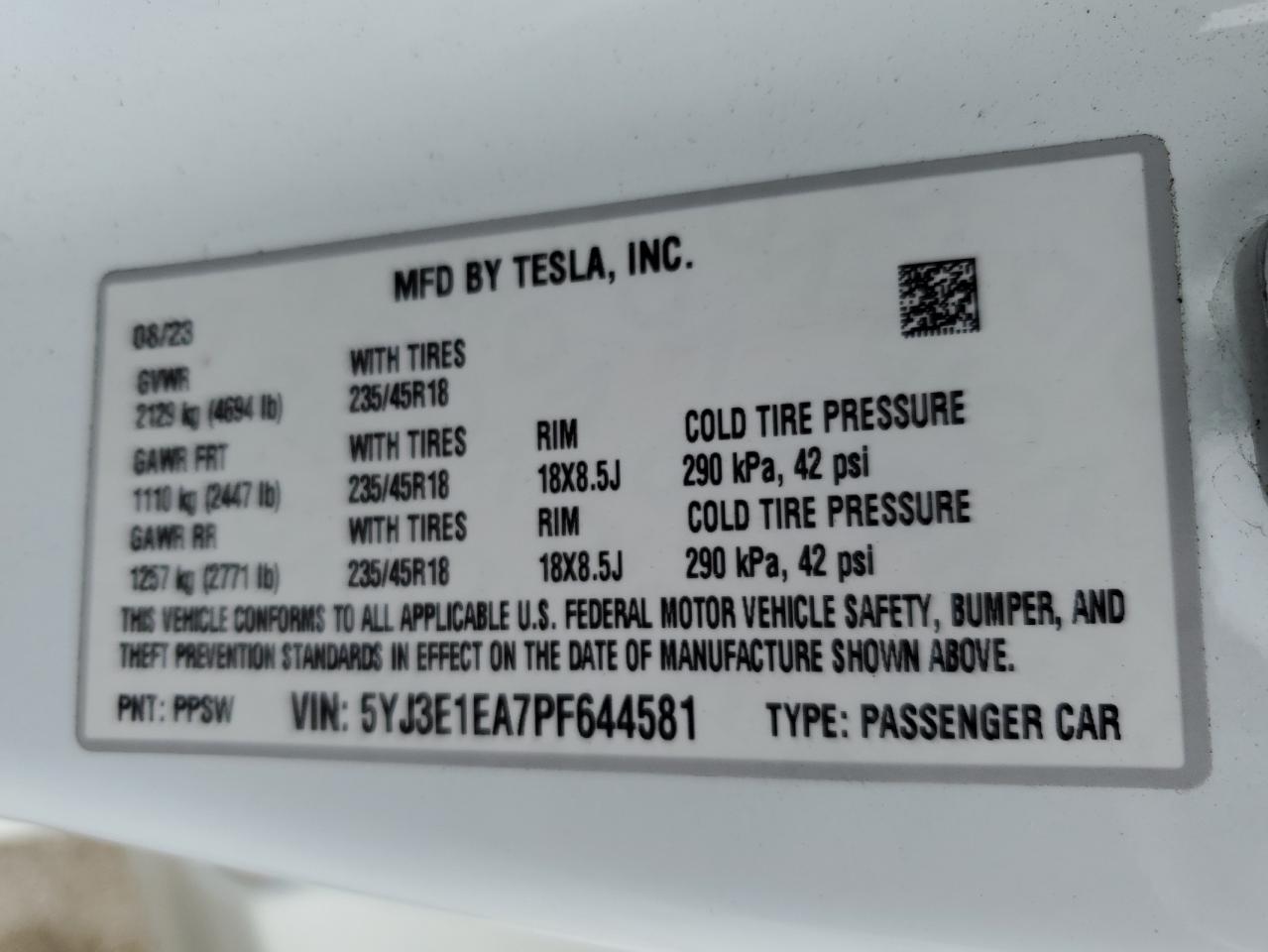 5YJ3E1EA7PF644581 2023 Tesla Model 3