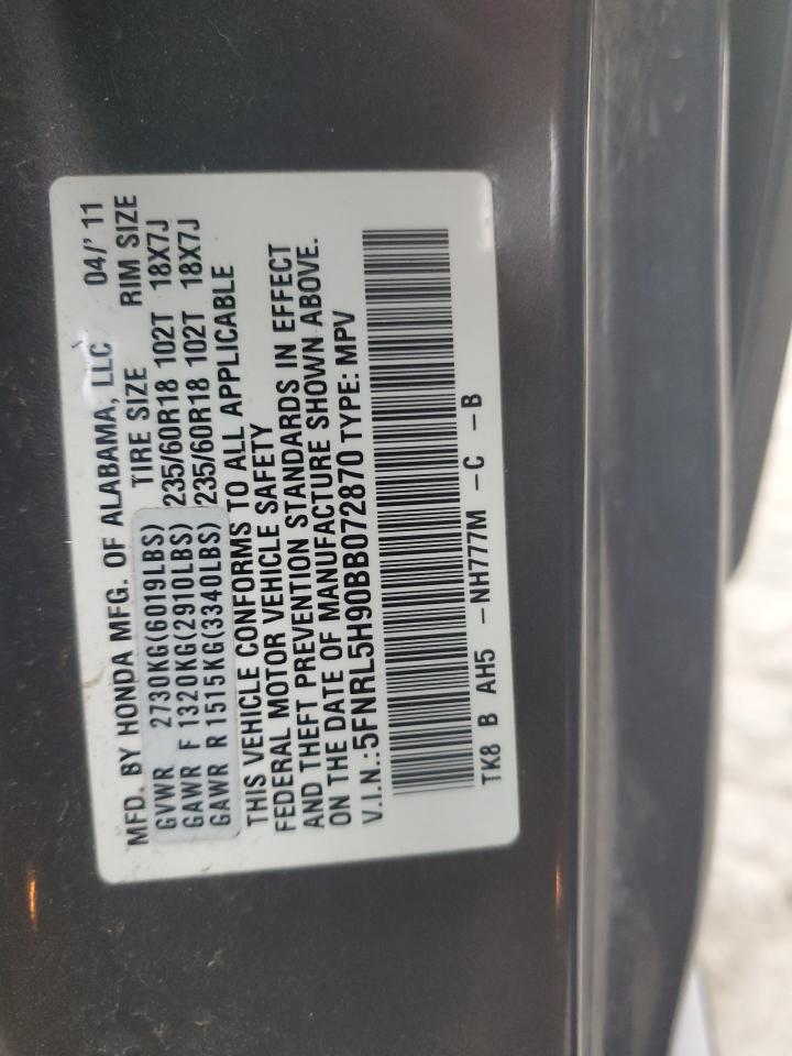 5FNRL5H90BB072870 2011 Honda Odyssey Touring