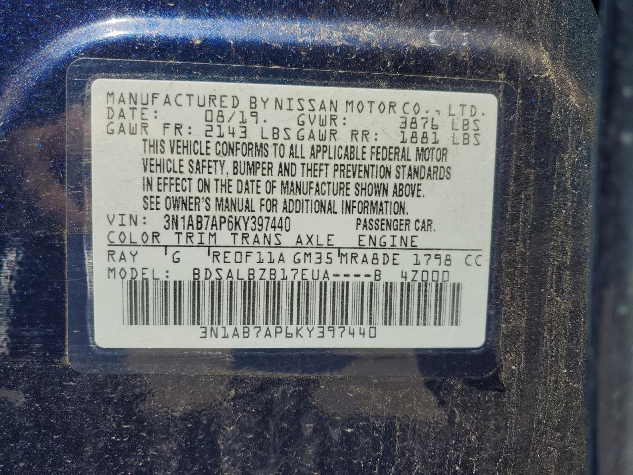 3N1AB7AP6KY397440 2019 Nissan Sentra S