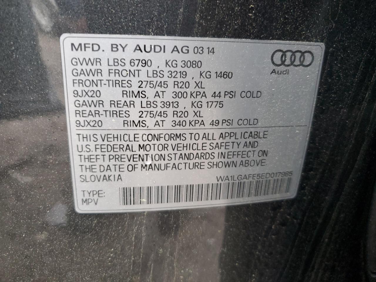 WA1LGAFE5ED017985 2014 Audi Q7 Premium Plus