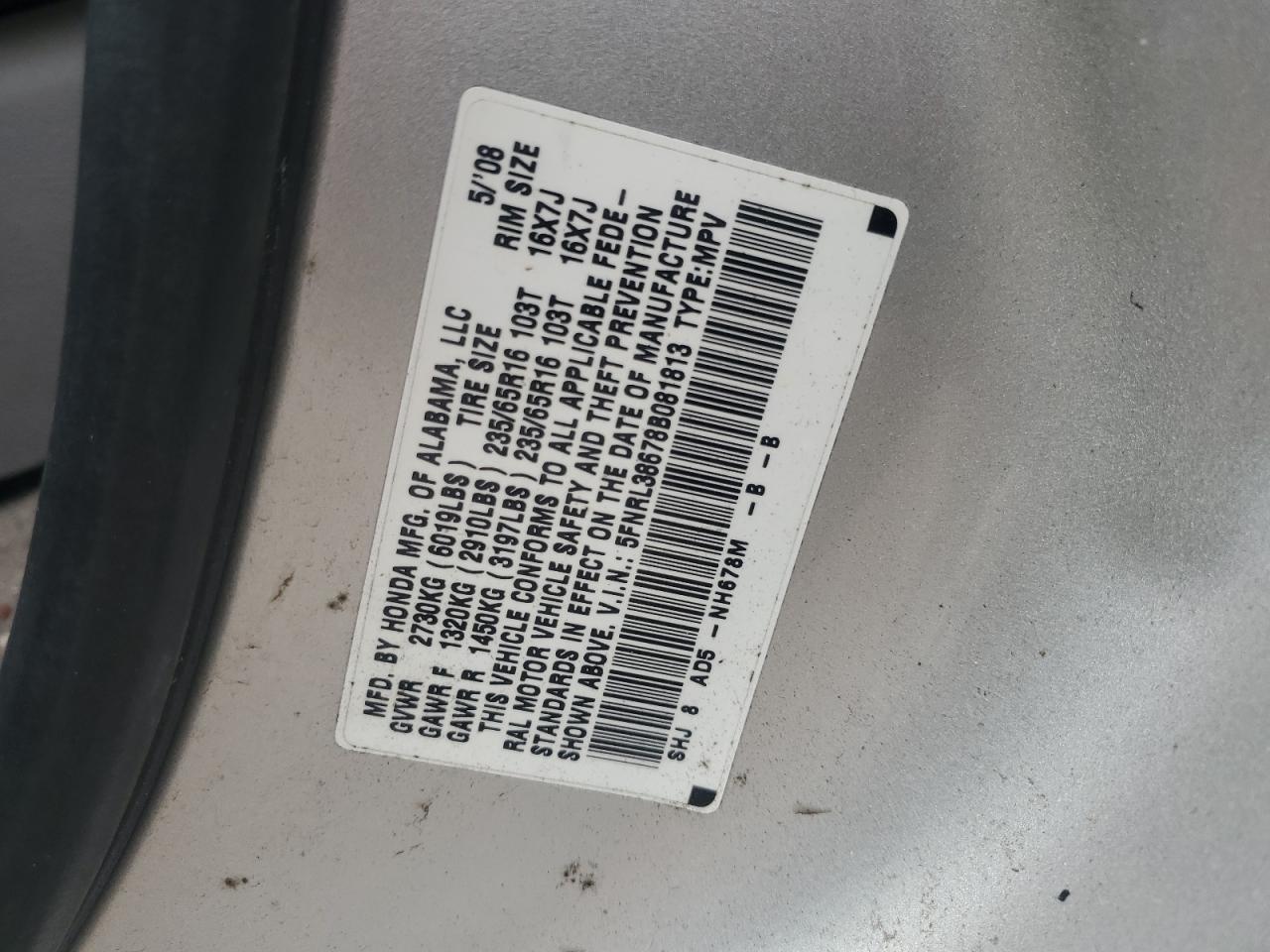 5FNRL38678B081813 2008 Honda Odyssey Exl