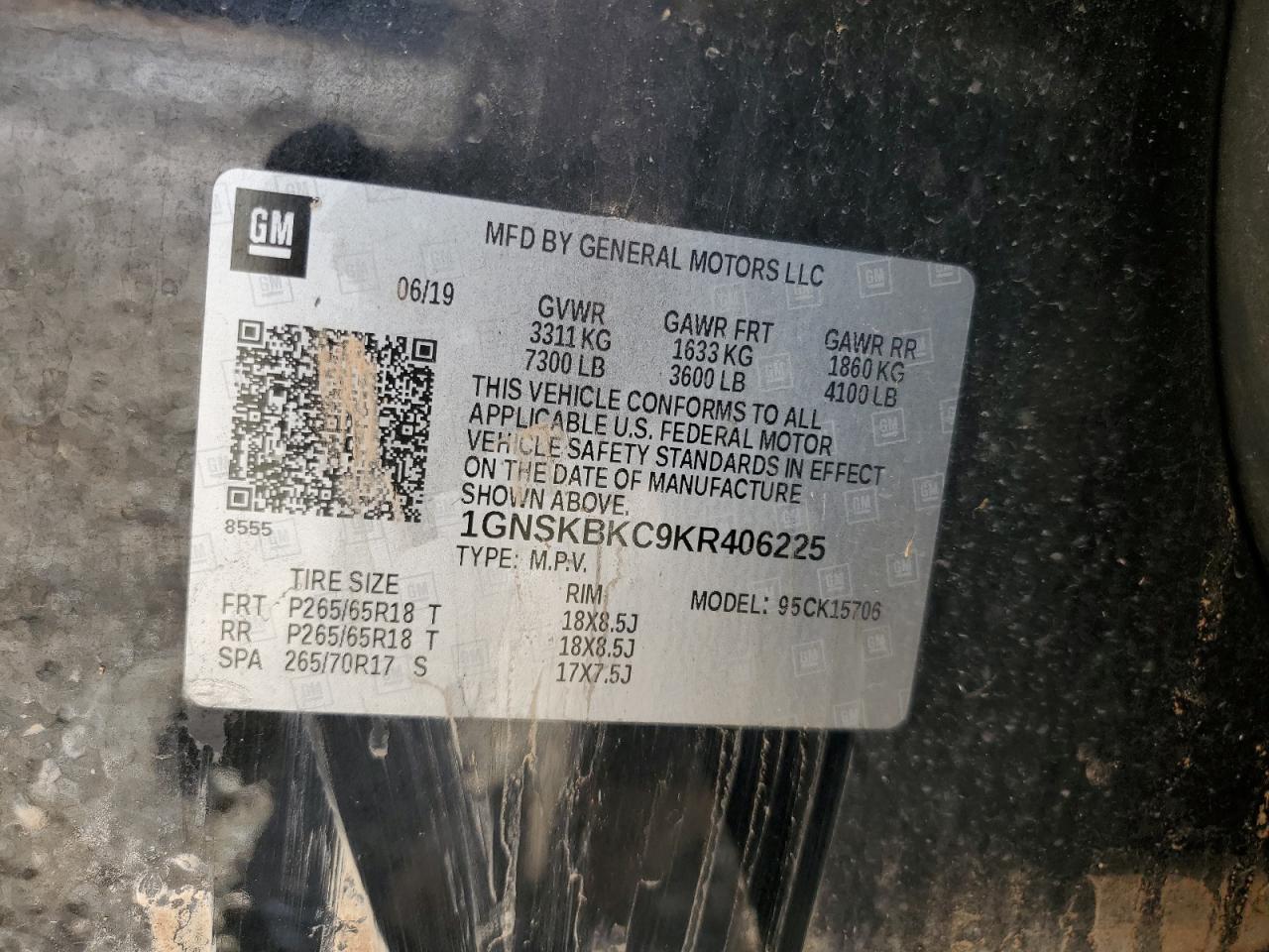 1GNSKBKC9KR406225 2019 Chevrolet Tahoe K1500 Lt