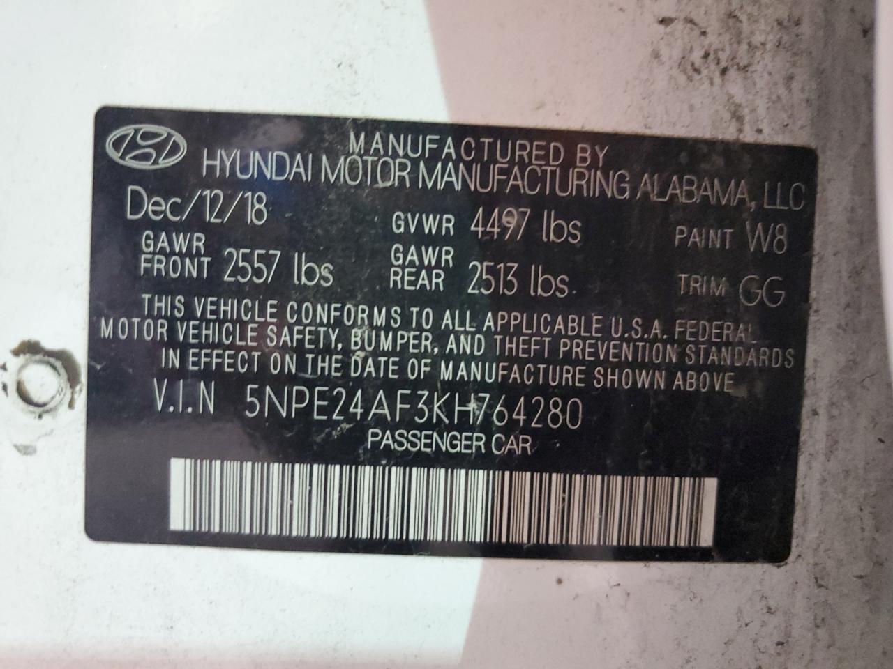 5NPE24AF3KH764280 2019 Hyundai Sonata Se