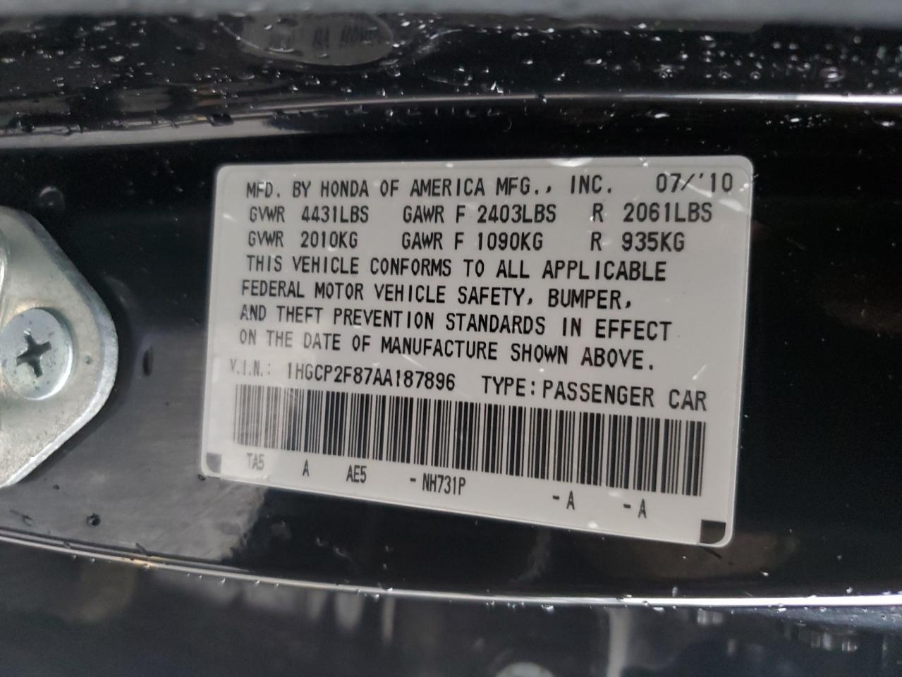 1HGCP2F87AA187896 2010 Honda Accord Exl