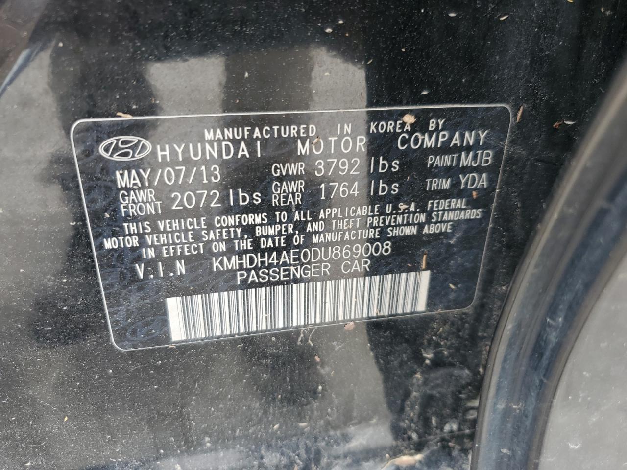 KMHDH4AE0DU869008 2013 Hyundai Elantra Gls