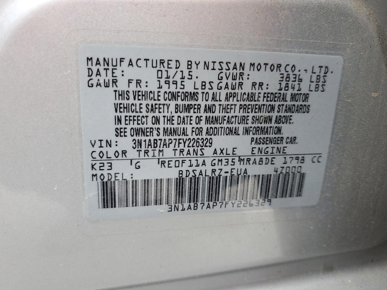 3N1AB7AP7FY226329 2015 Nissan Sentra S