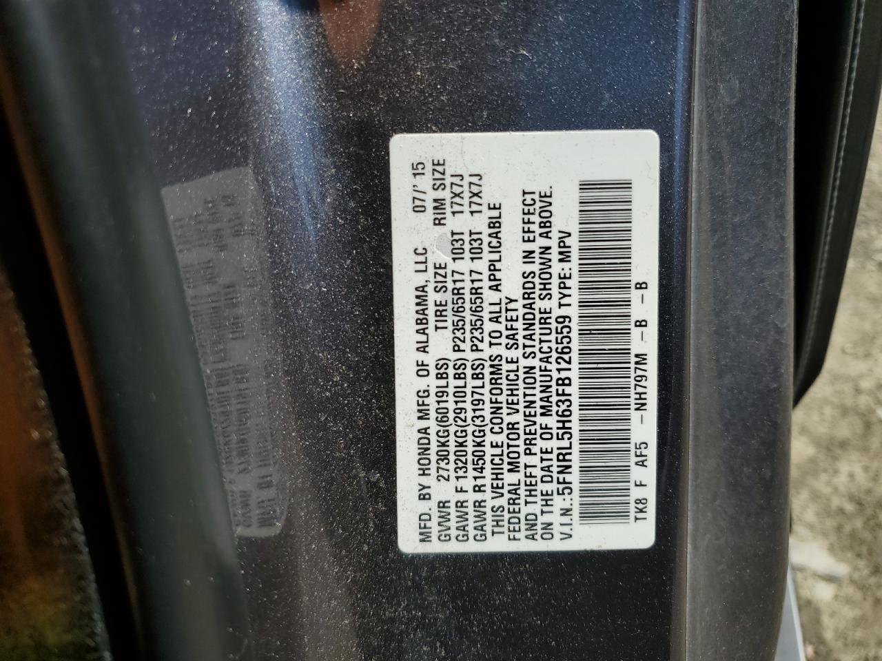 5FNRL5H63FB126559 2015 Honda Odyssey Exl