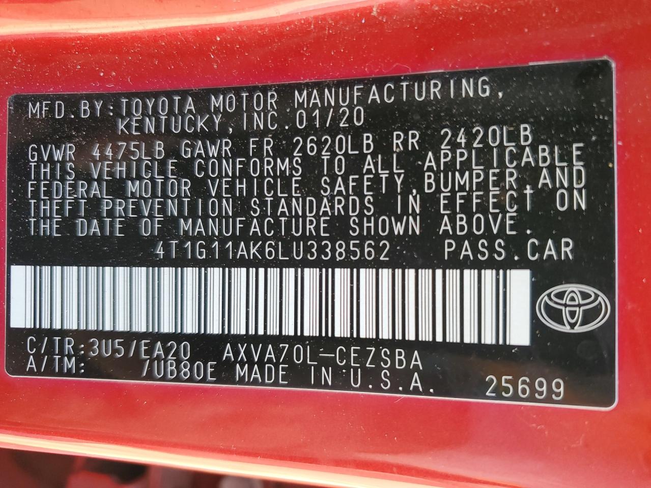 4T1G11AK6LU338562 2020 Toyota Camry Se