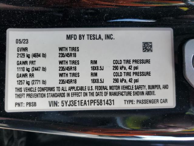 2023 Tesla Model 3 VIN: 5YJ3E1EA1PF581431 Lot: 53747884