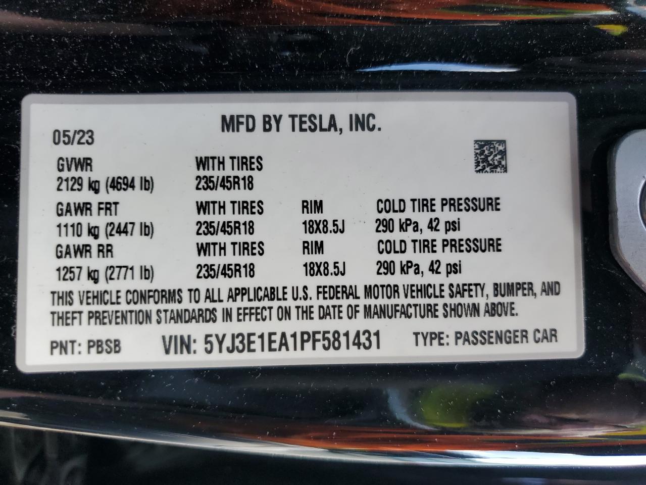 5YJ3E1EA1PF581431 2023 Tesla Model 3