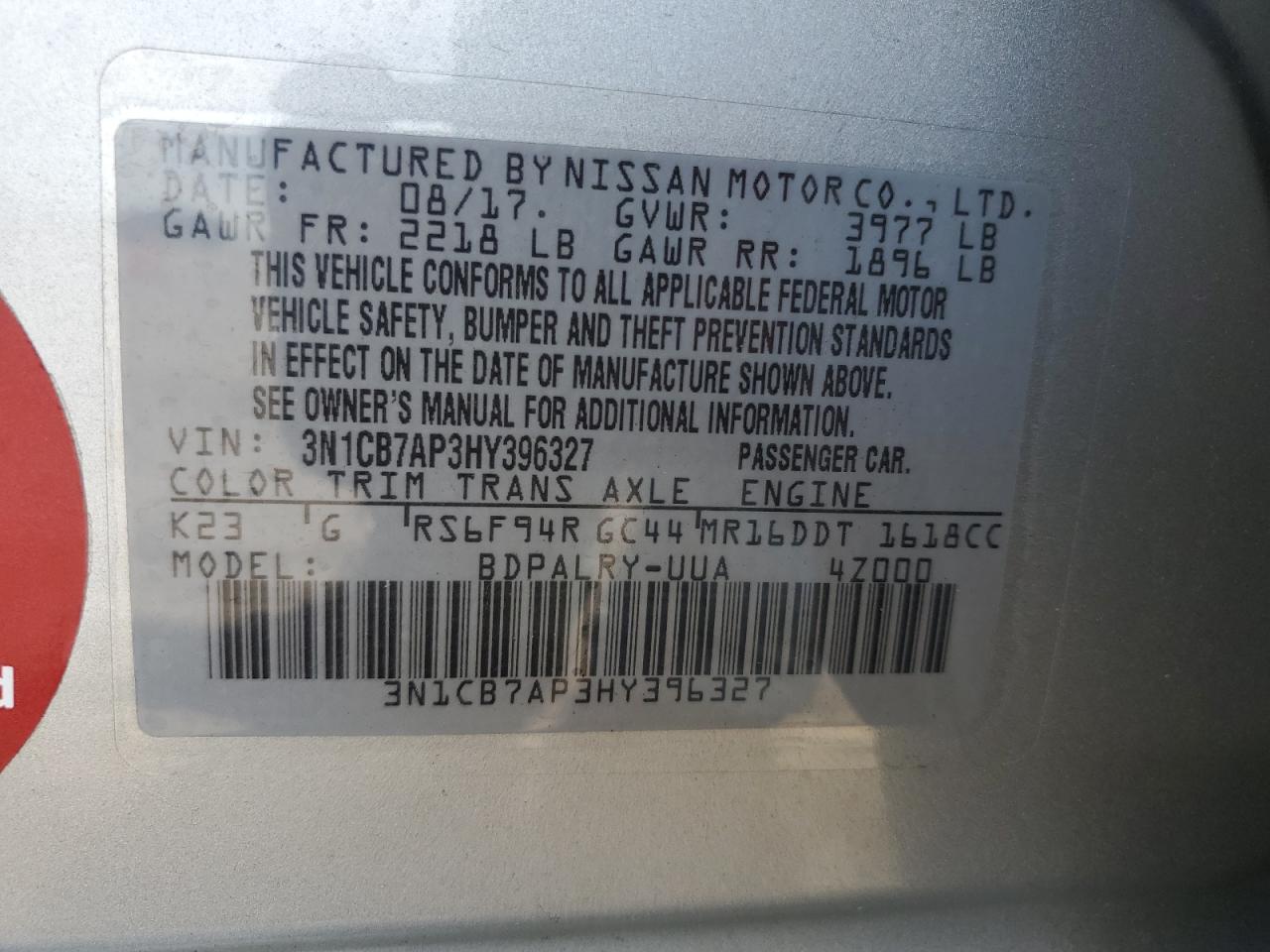 3N1CB7AP3HY396327 2017 Nissan Sentra Sr Turbo