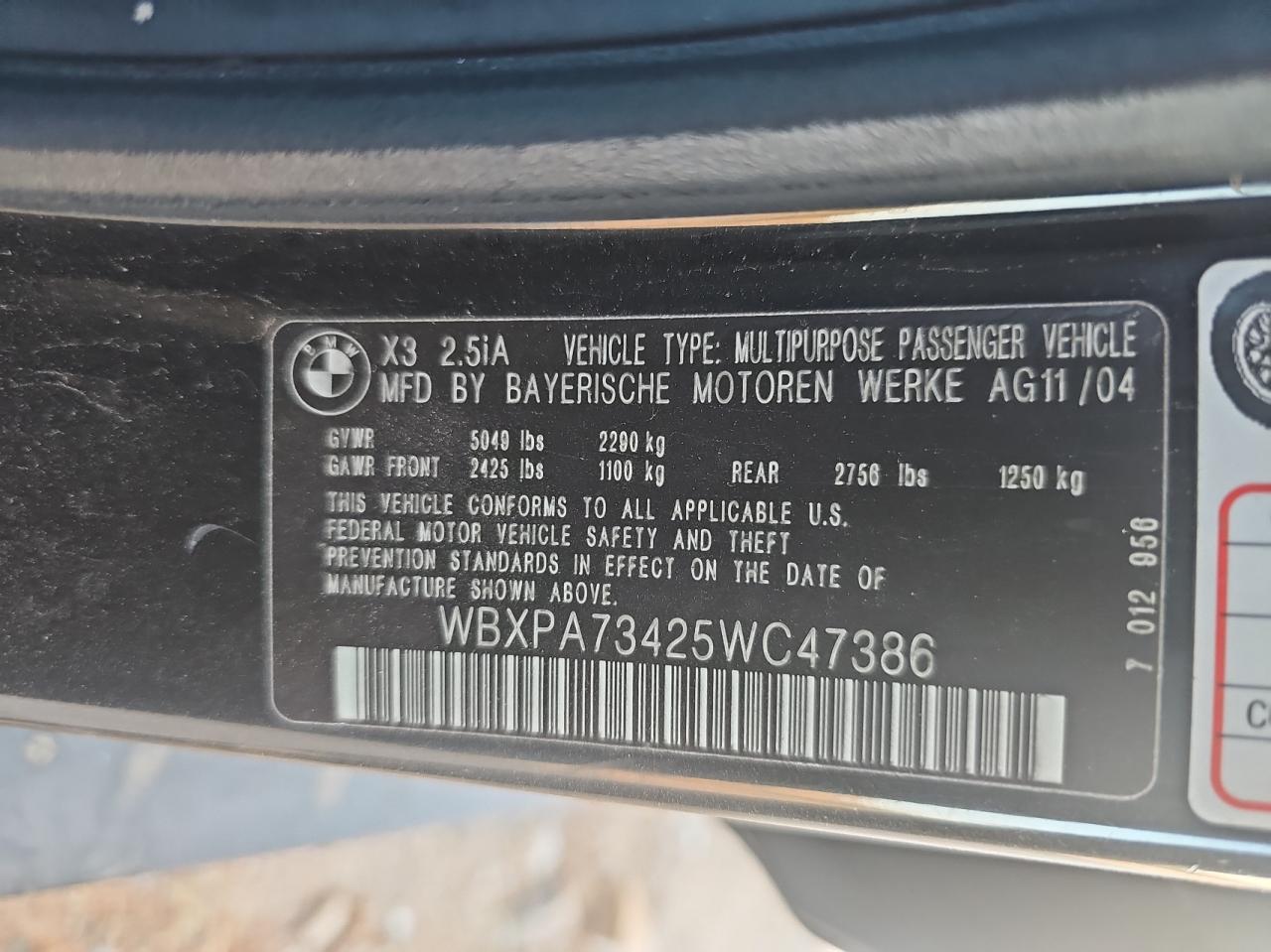 WBXPA73425WC47386 2005 BMW X3 2.5I