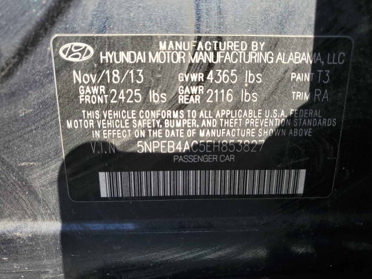 5NPEB4AC5EH853827 2014 Hyundai Sonata Gls