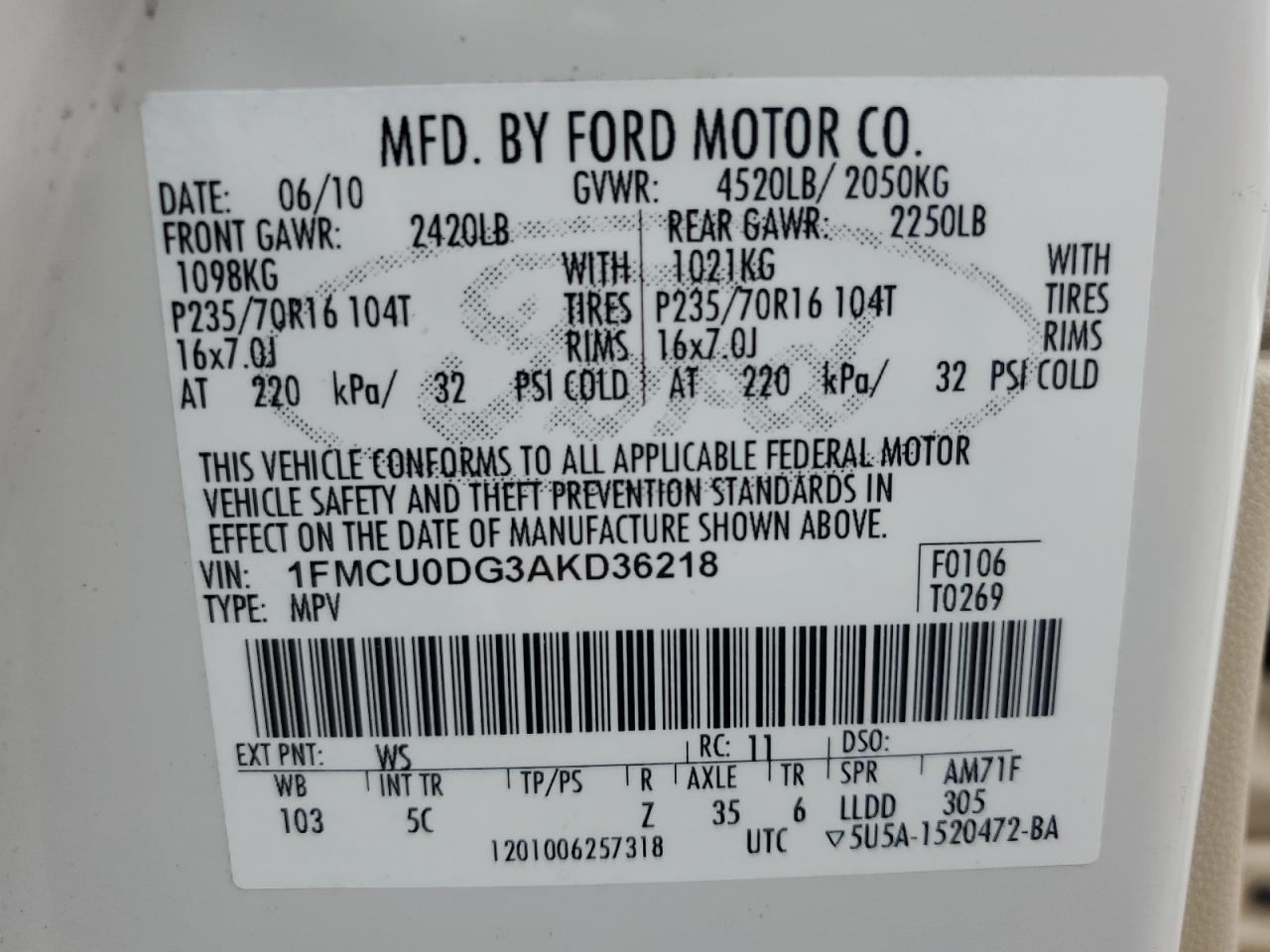 1FMCU0DG3AKD36218 2010 Ford Escape Xlt