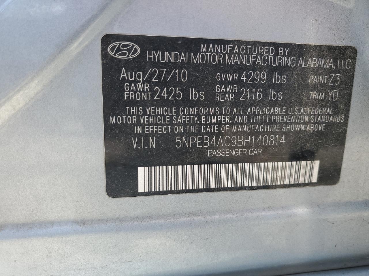 5NPEB4AC9BH140814 2011 Hyundai Sonata Gls