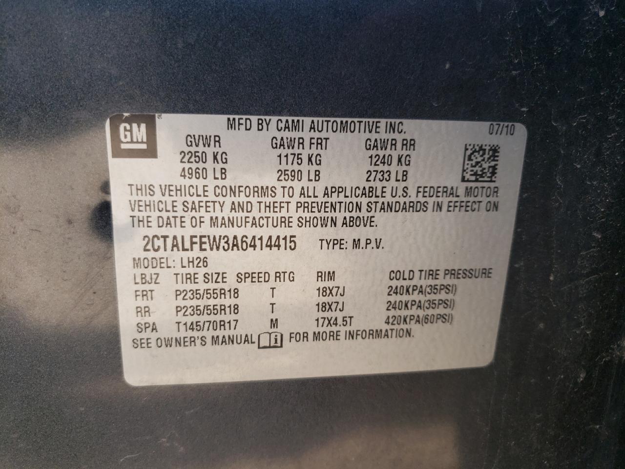 2CTALFEW3A6414415 2010 GMC Terrain Slt