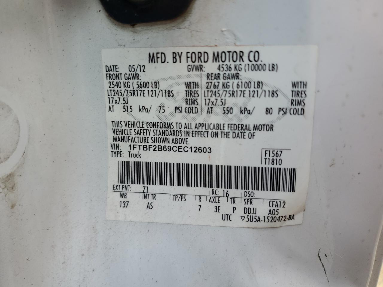 1FTBF2B69CEC12603 2012 Ford F250 Super Duty