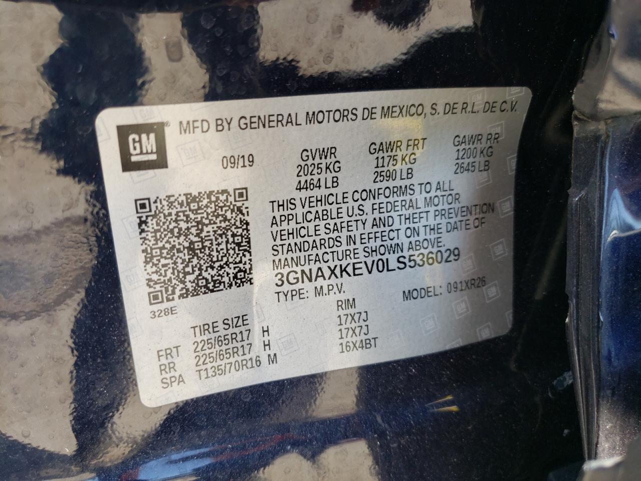 3GNAXKEV0LS536029 2020 Chevrolet Equinox Lt