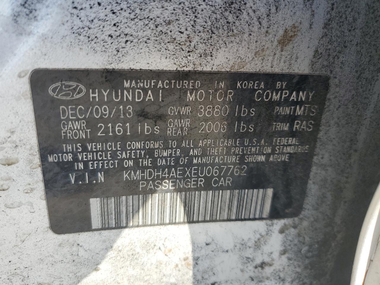 KMHDH4AEXEU067762 2014 Hyundai Elantra Se