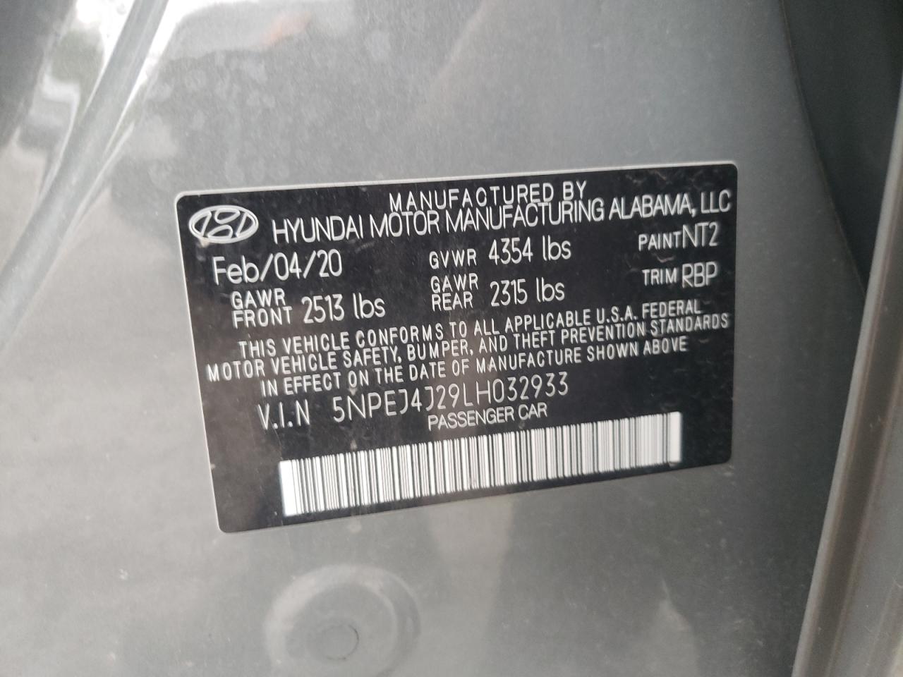 5NPEJ4J29LH032933 2020 Hyundai Sonata Sel Plus