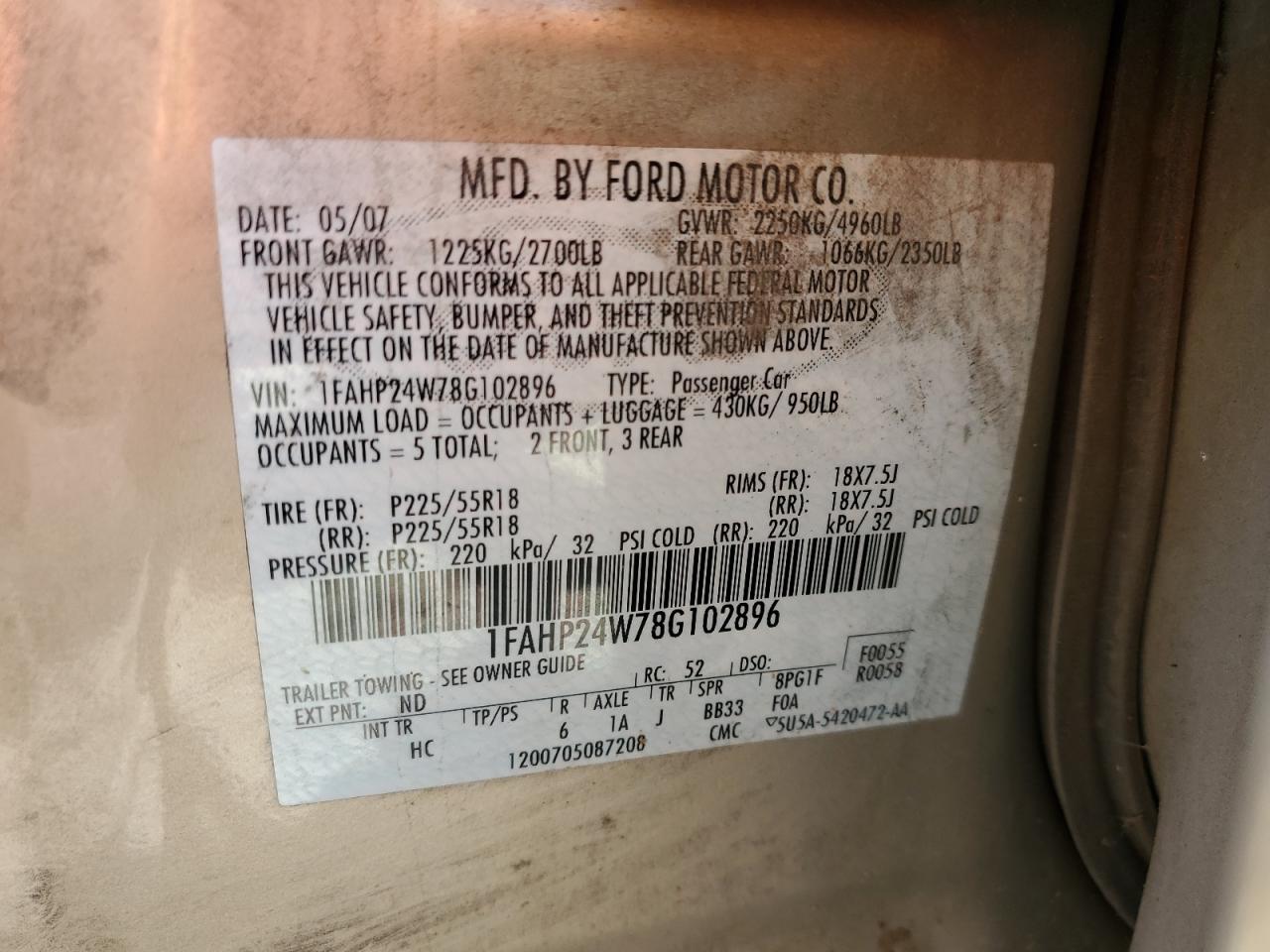 1FAHP24W78G102896 2008 Ford Taurus Sel