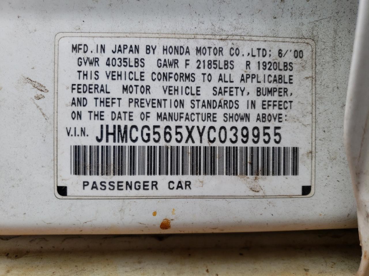 JHMCG565XYC039955 2000 Honda Accord Ex