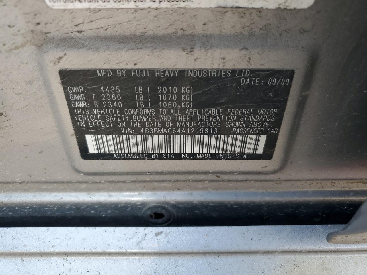 4S3BMAG64A1219813 2010 Subaru Legacy 2.5I Premium