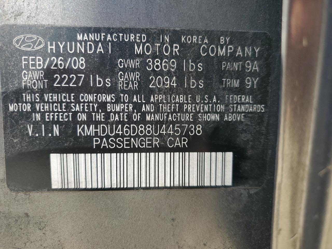 KMHDU46D88U445738 2008 Hyundai Elantra Gls