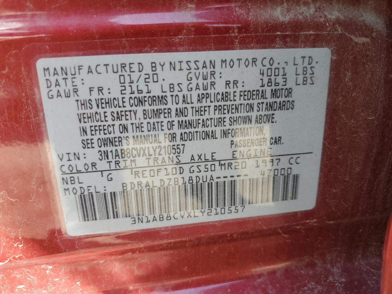 3N1AB8CVXLY210557 2020 Nissan Sentra Sv