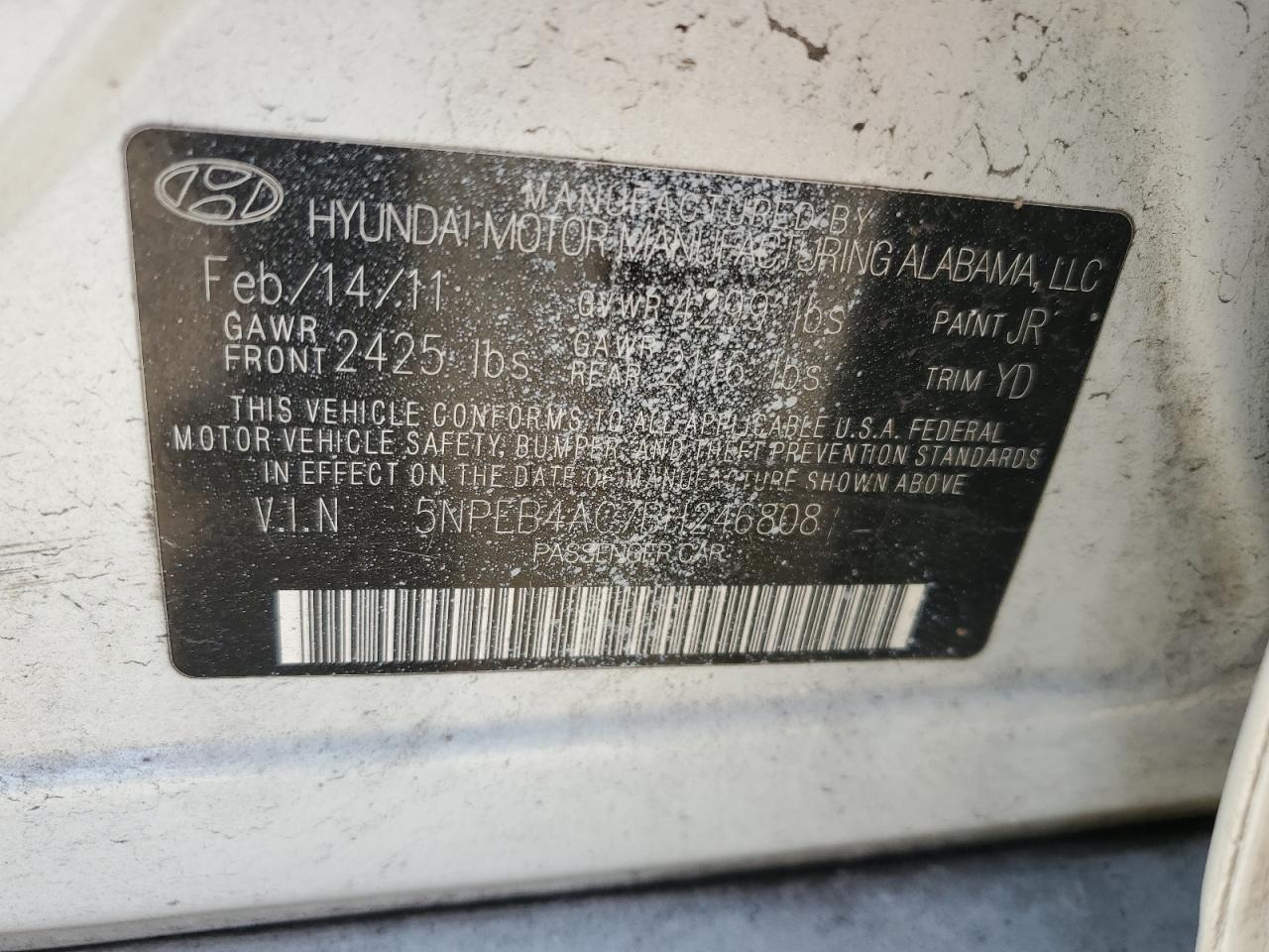 5NPEB4AC7BH246808 2011 Hyundai Sonata Gls