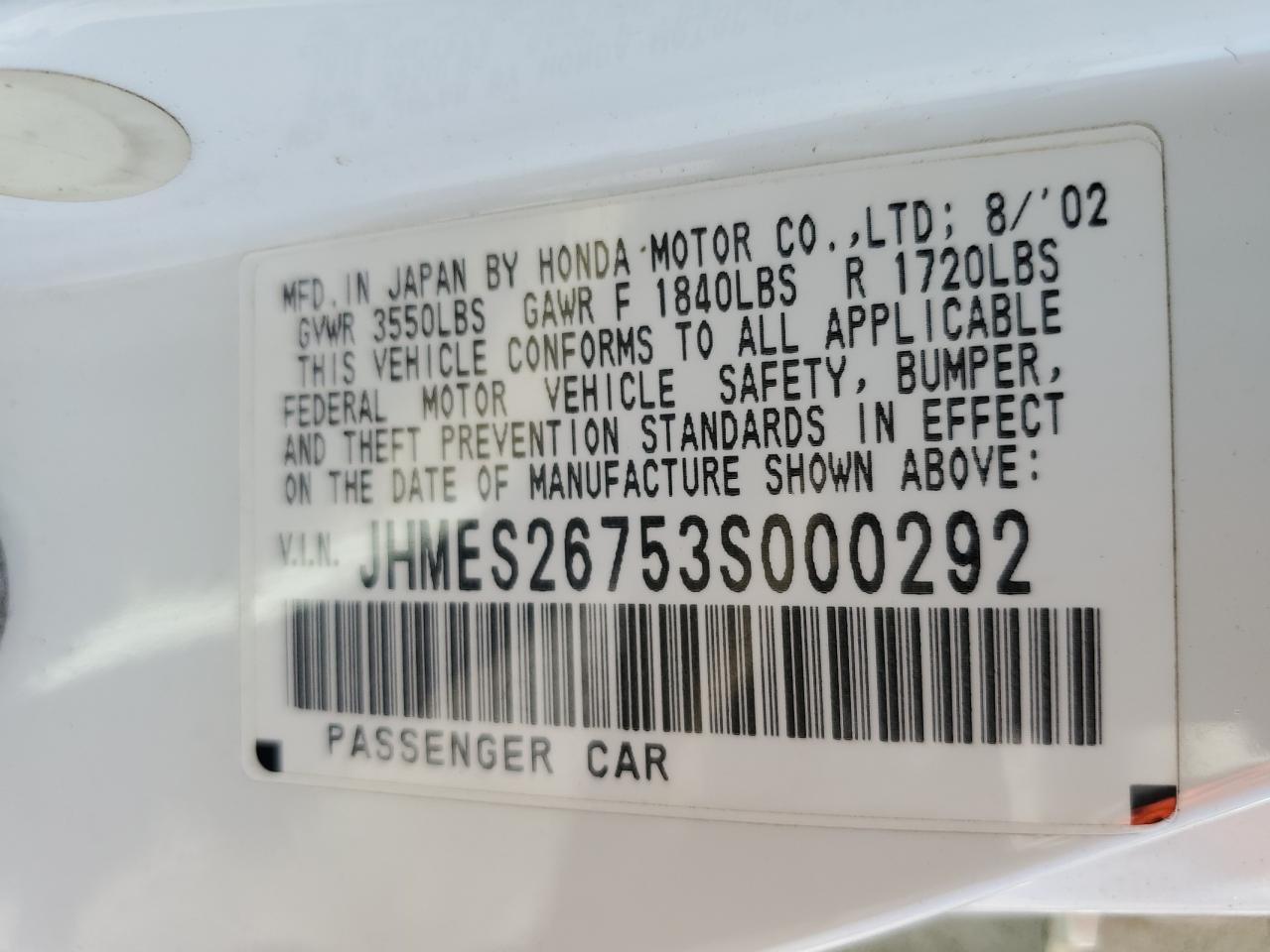 JHMES26753S000292 2003 Honda Civic Ex