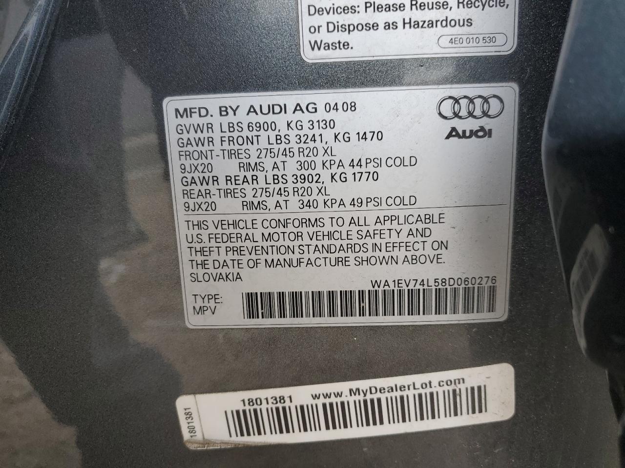 WA1EV74L58D060276 2008 Audi Q7 4.2 Quattro S-Line