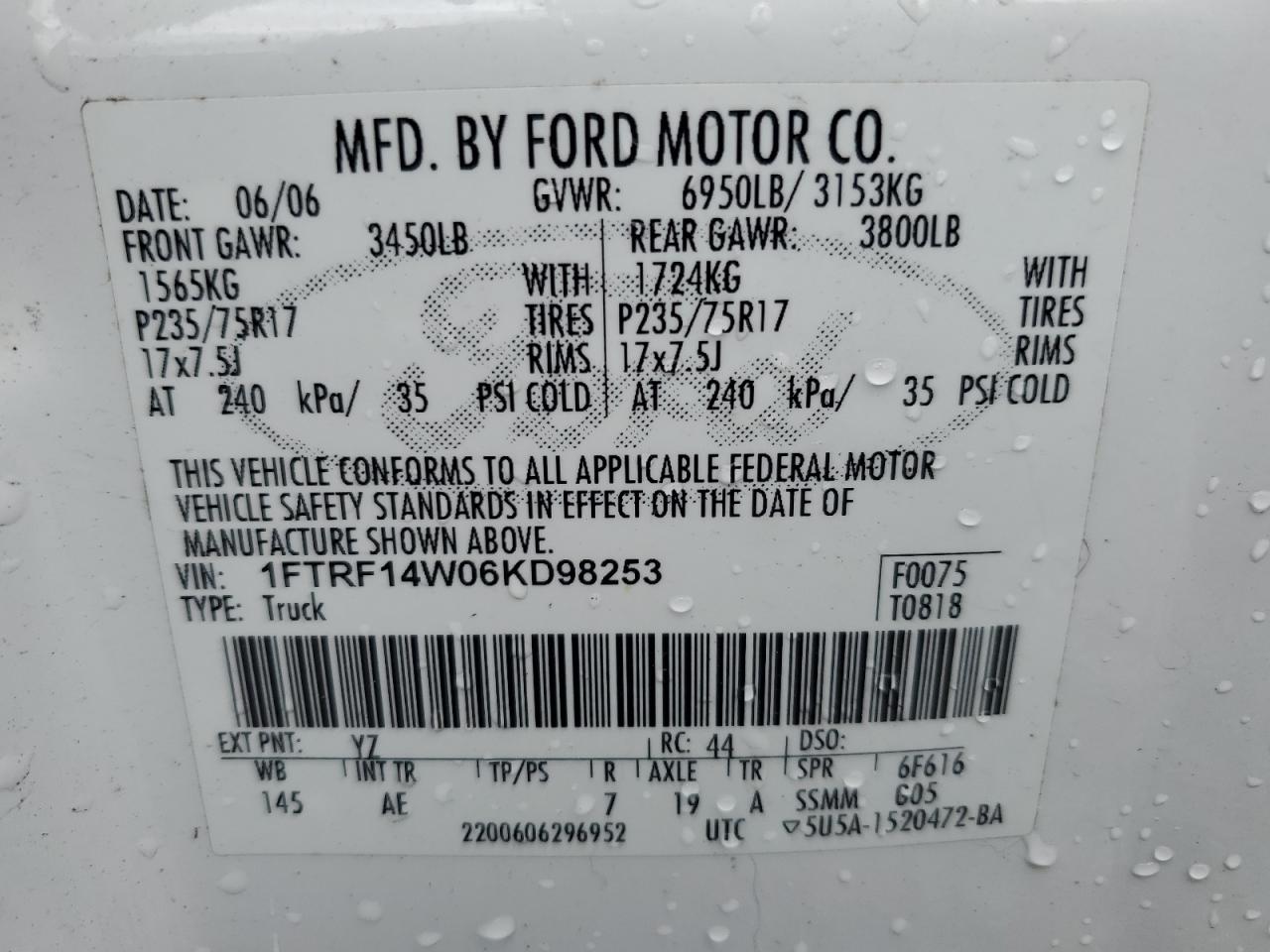 1FTRF14W06KD98253 2006 Ford F150