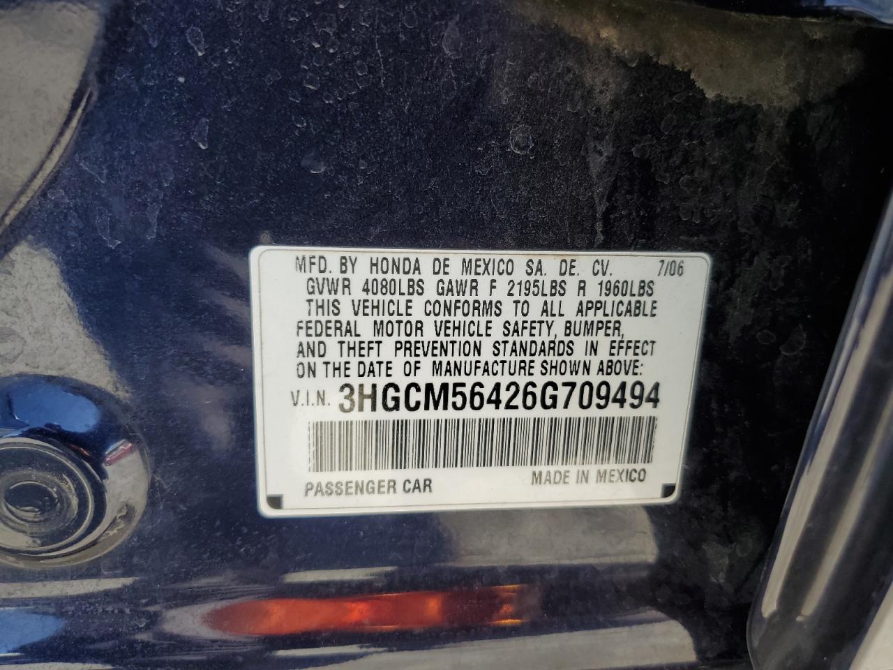 3HGCM56426G709494 2006 Honda Accord Lx