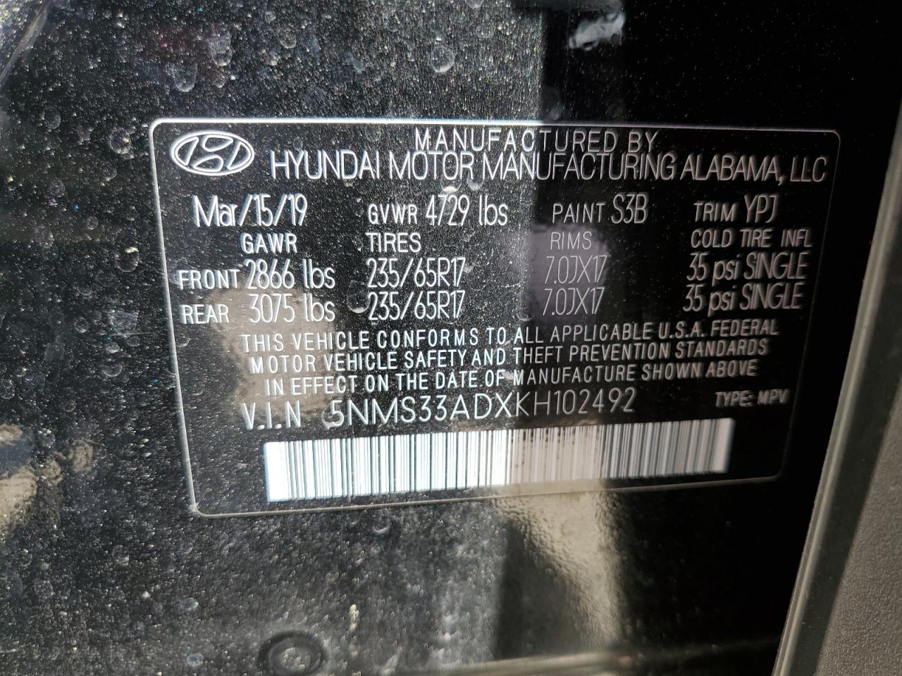 5NMS33ADXKH102492 2019 Hyundai Santa Fe Sel