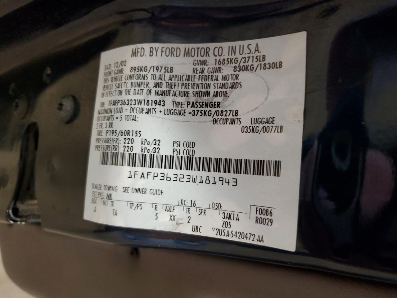 1FAFP36323W181943 2003 Ford Focus Se