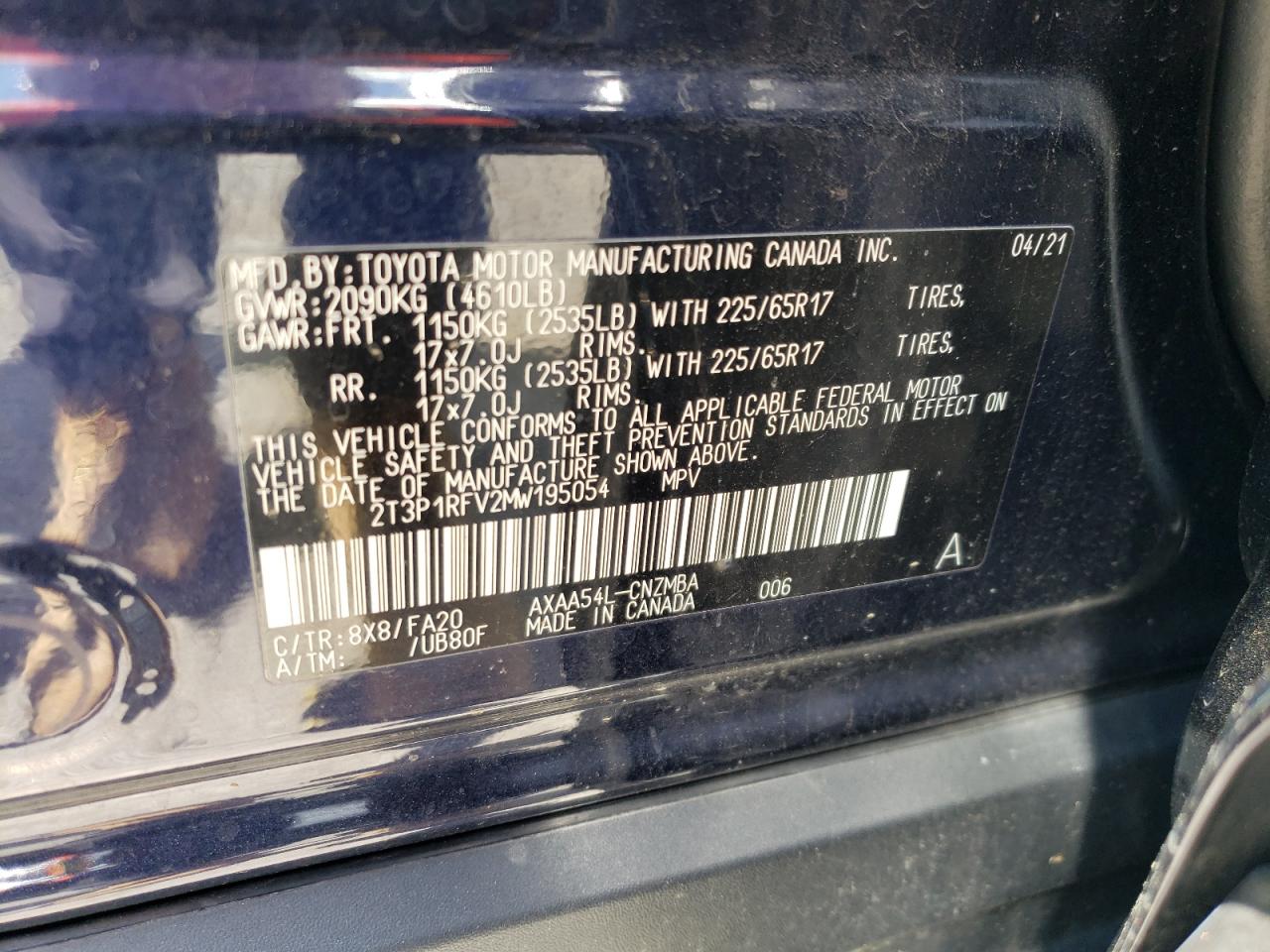 2T3P1RFV2MW195054 2021 Toyota Rav4 Xle