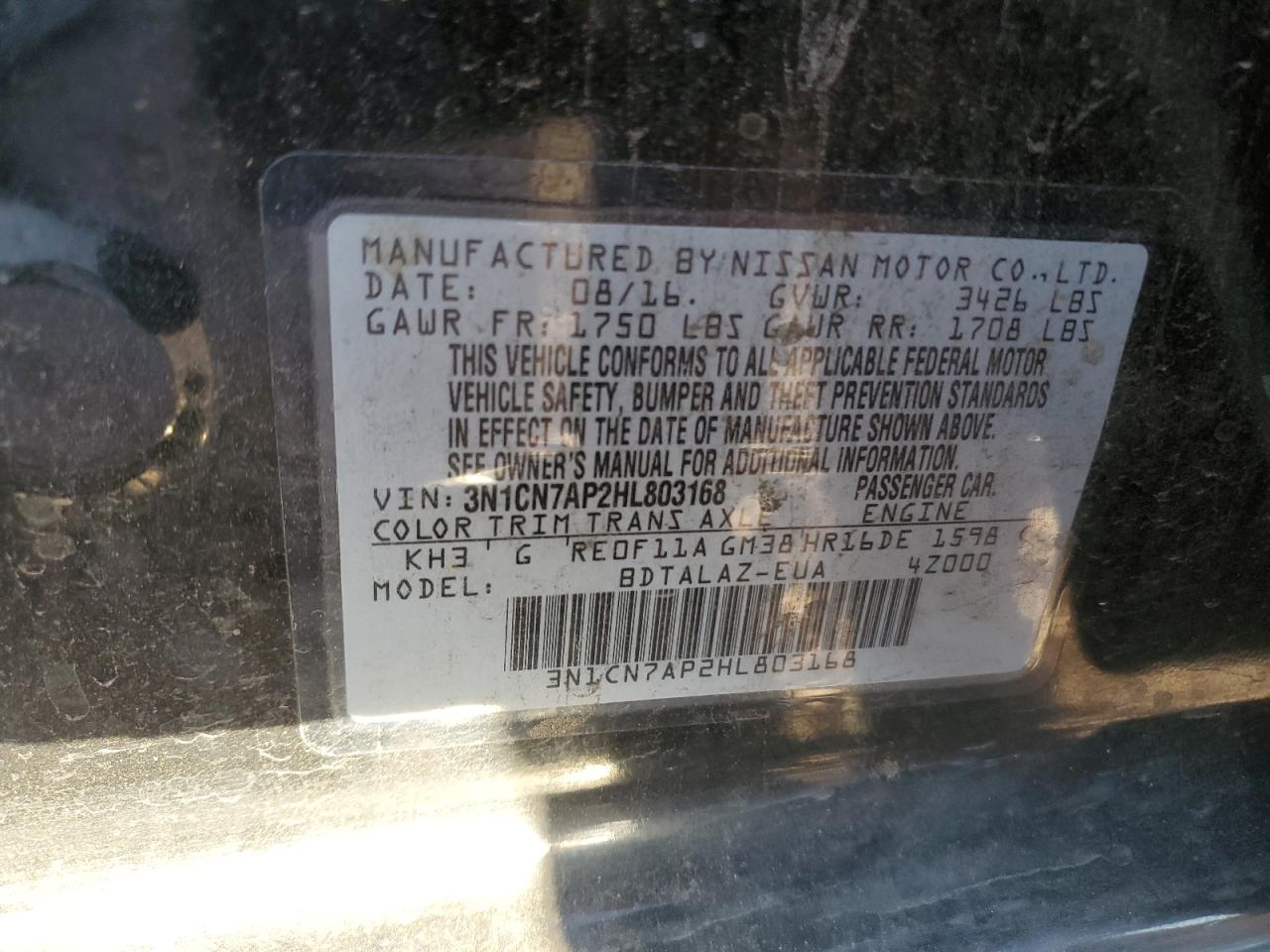 3N1CN7AP2HL803168 2017 Nissan Versa S