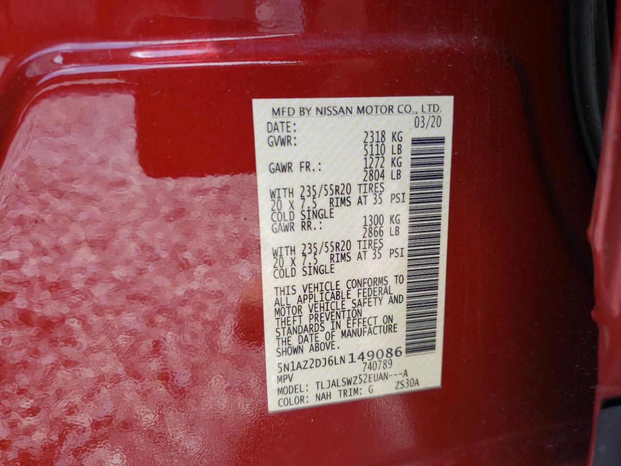 5N1AZ2DJ6LN149086 2020 Nissan Murano Platinum