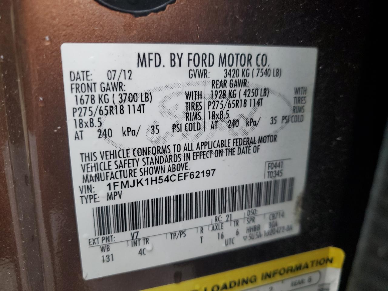 1FMJK1H54CEF62197 2012 Ford Expedition El Xlt