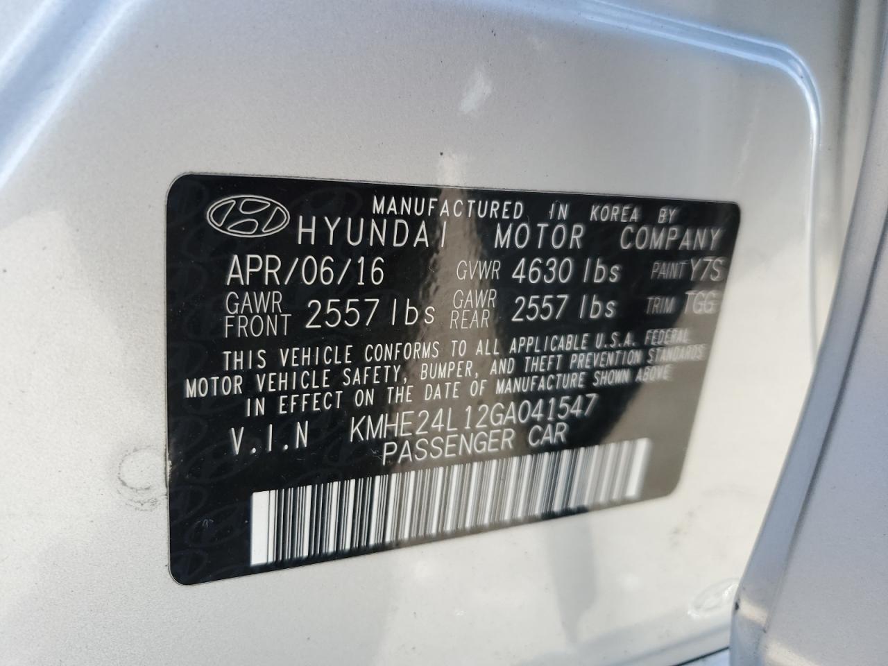 KMHE24L12GA041547 2016 Hyundai Sonata Hybrid