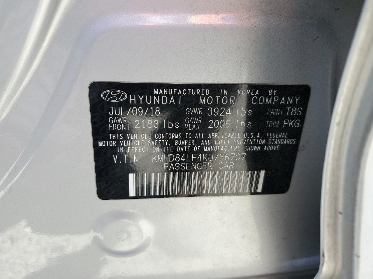 KMHD84LF4KU736707 2019 Hyundai Elantra Sel