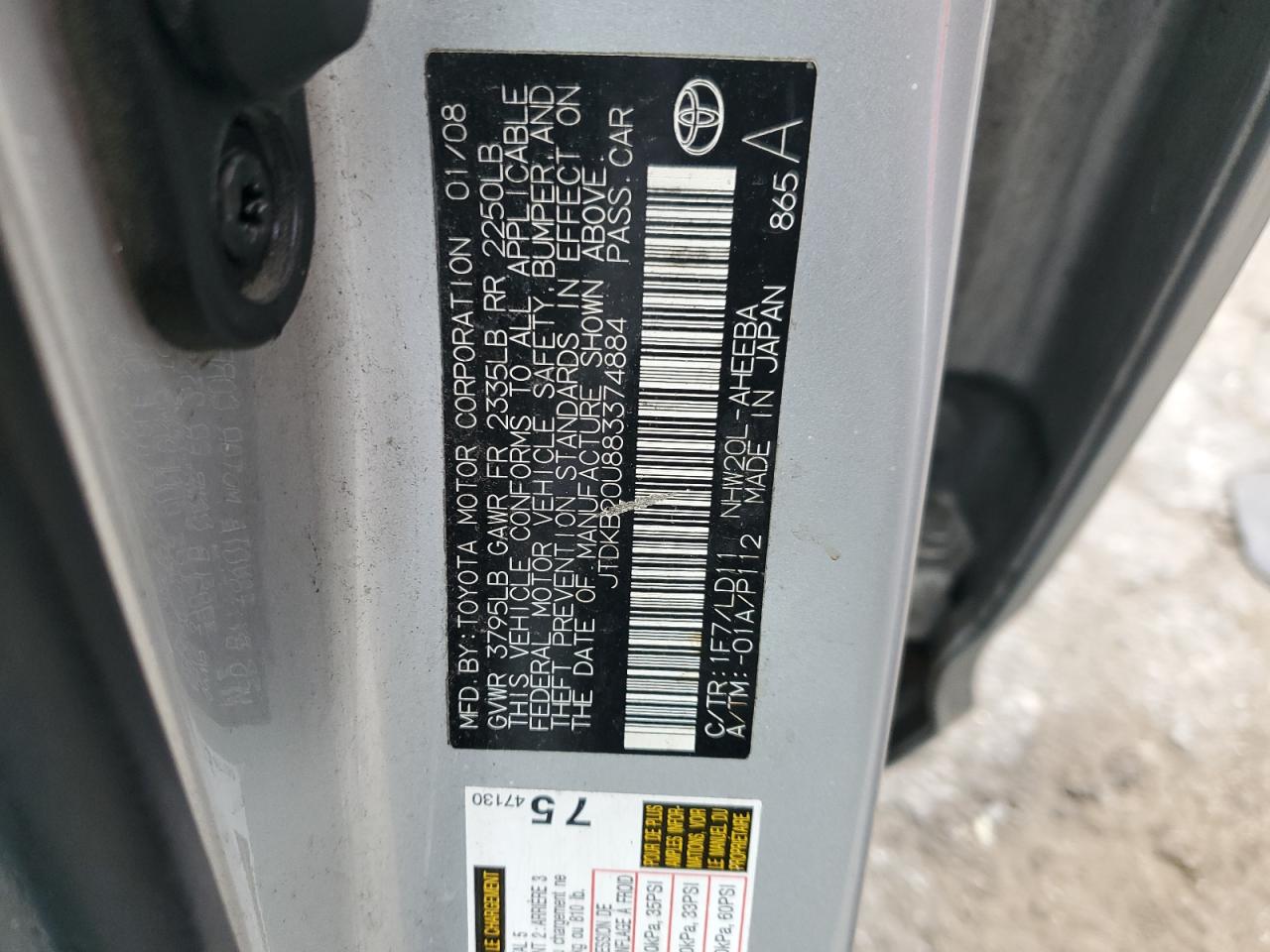 JTDKB20U883374884 2008 Toyota Prius