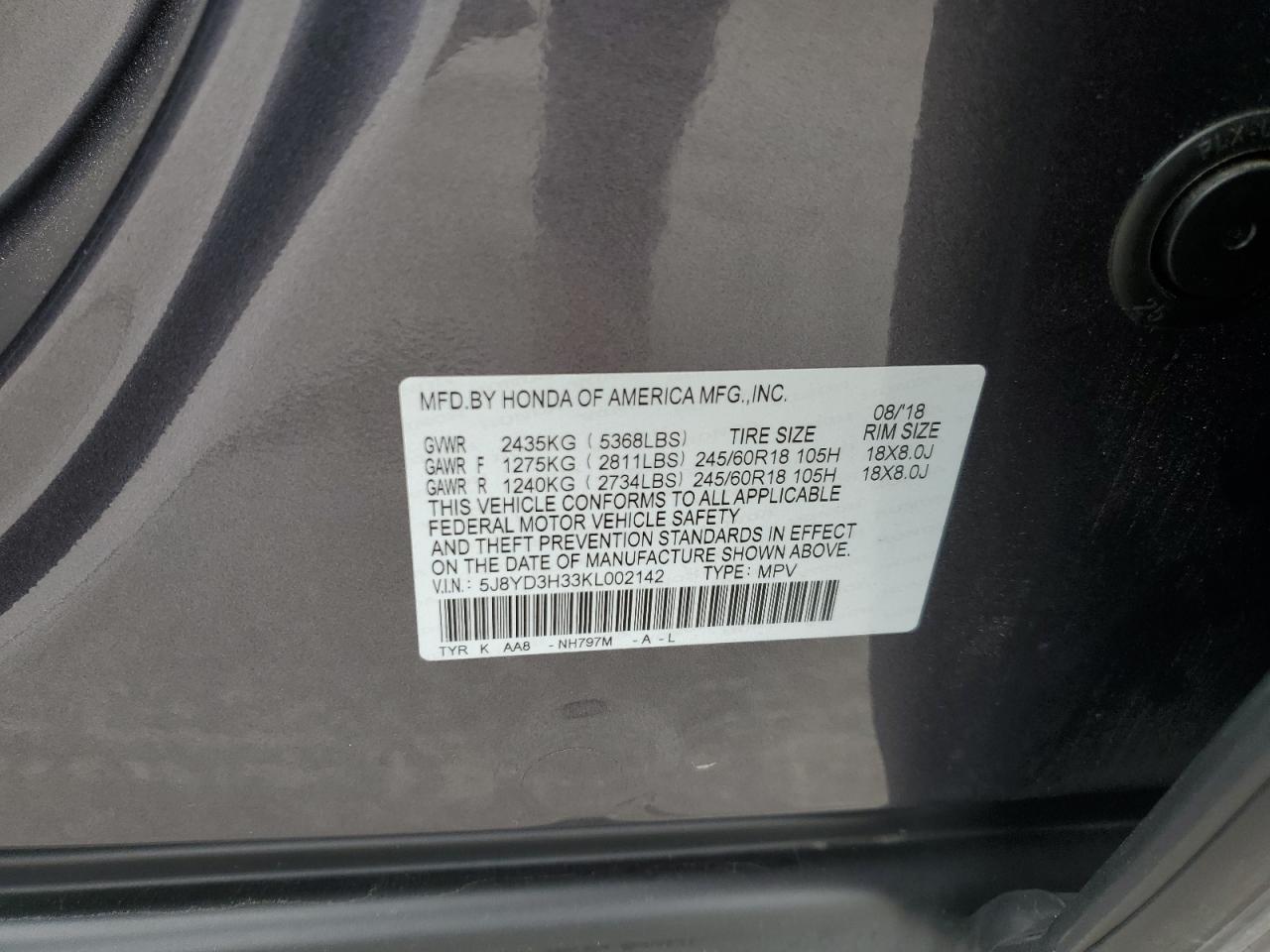 5J8YD3H33KL002142 2019 Acura Mdx