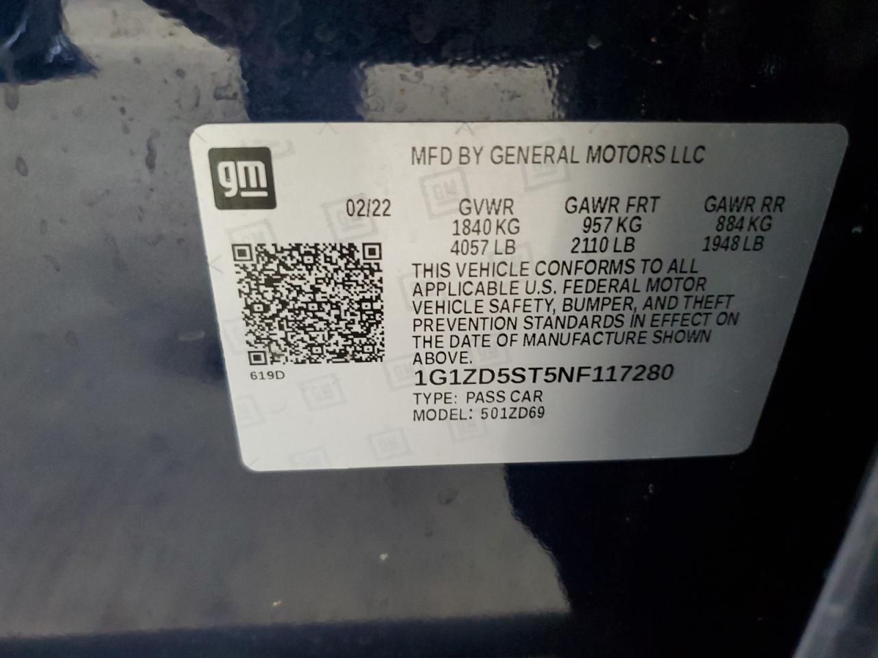 1G1ZD5ST5NF117280 2022 Chevrolet Malibu Lt