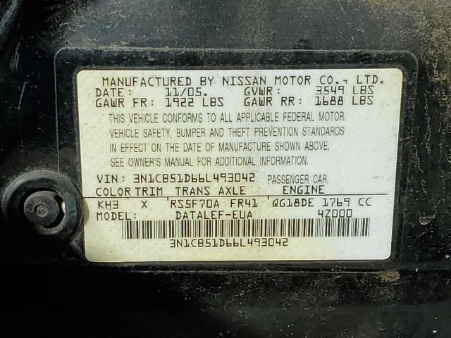 2006 Nissan Sentra 1.8 VIN: 3N1CB51D66L493042 Lot: 56703914