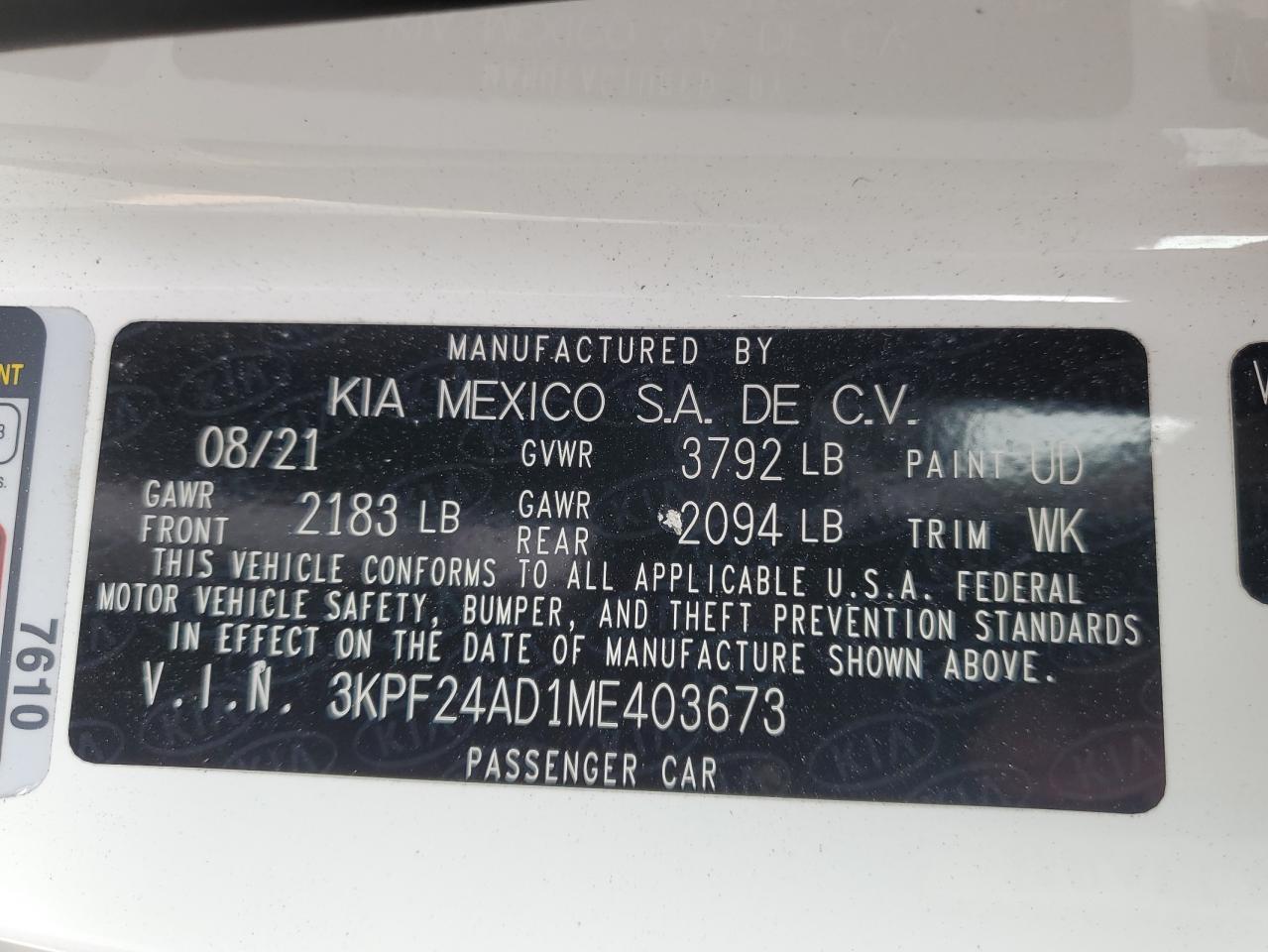 3KPF24AD1ME403673 2021 Kia Forte Fe
